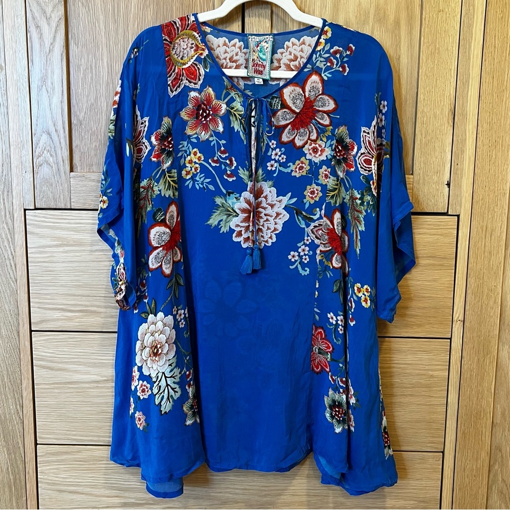 Johnny Was Zadie Tassel Tie Floral Blouse Blue Multi Size XXL Bohemian Coastal - Picture 2 of 8